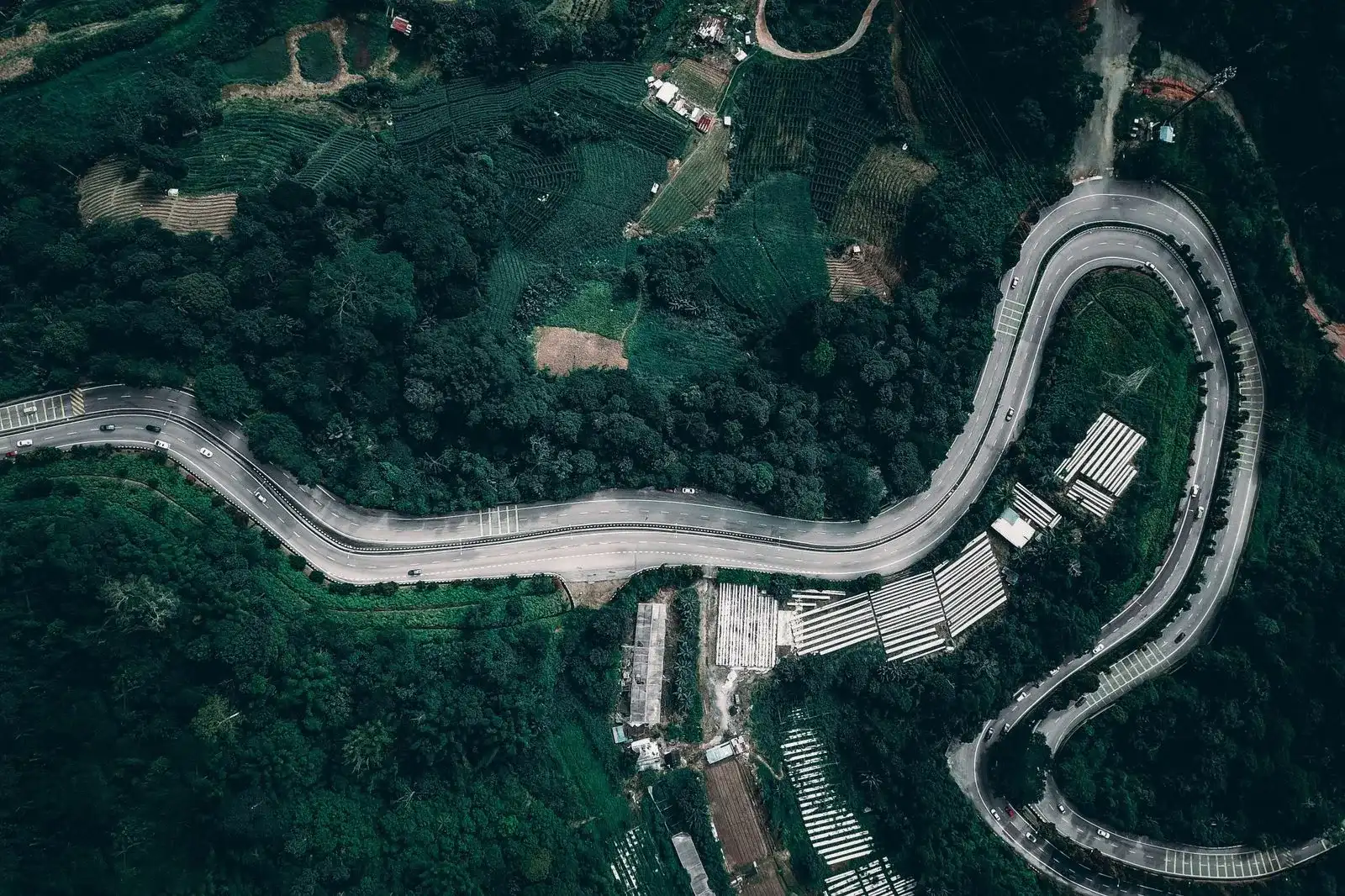 Aerial view of a winding road with greenhouses beside it in forested hills