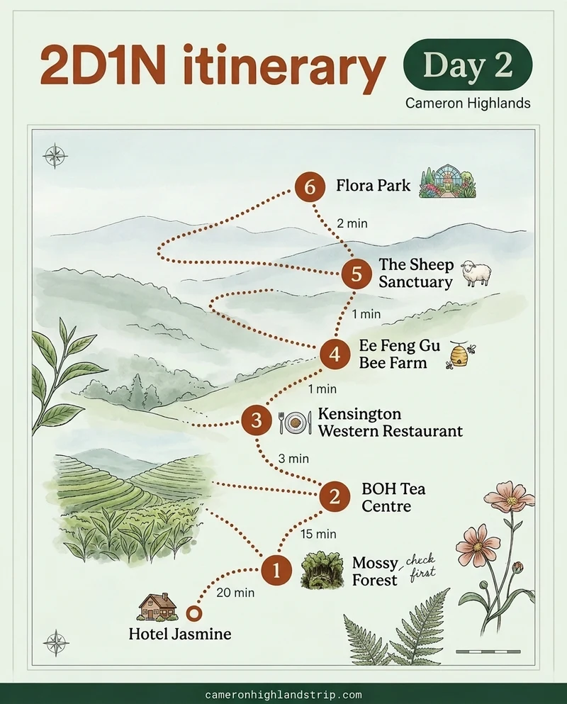 Illustrated poster: 2D1N itinerary, Day 2, Cameron Highlands. Start at Hotel Jasmine, 20 min to stop 1. 1. Mossy Forest (check first), then 15 min to stop 2. 2. BOH Tea Centre, then 3 min to stop 3. 3. Kensington Western Restaurant, then 1 min to stop 4. 4. Ee Feng Gu Bee Farm, then 1 min to stop 5. 5. The Sheep Sanctuary, then 2 min to stop 6. 6. Flora Park. cameronhighlandstrip.com.
