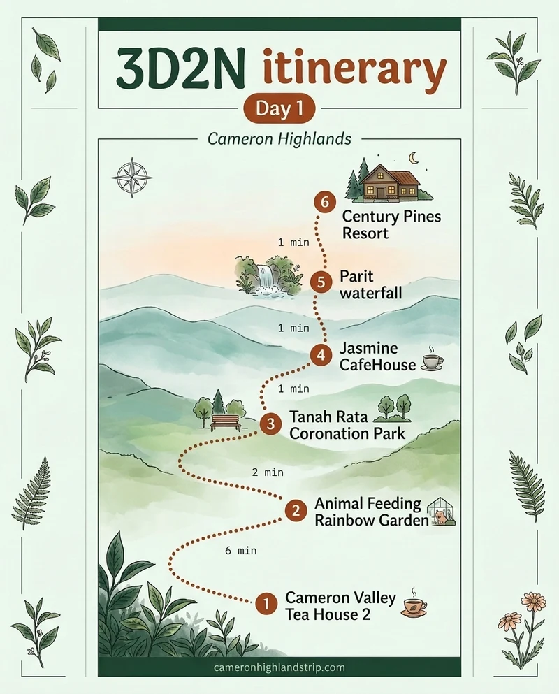 Illustrated poster: 3D2N itinerary, Day 1, Cameron Highlands. 1. Cameron Valley Tea House 2, then 6 min to stop 2. 2. Animal Feeding Rainbow Garden, then 2 min to stop 3. 3. Tanah Rata Coronation Park, then 1 min to stop 4. 4. Jasmine CafeHouse, then 1 min to stop 5. 5. Parit waterfall, then 1 min to stop 6. 6. Century Pines Resort. cameronhighlandstrip.com.