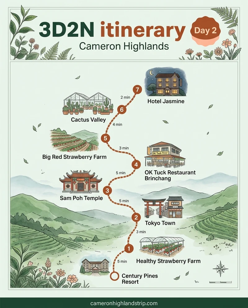 Illustrated poster: 3D2N itinerary, Day 2, Cameron Highlands. Start at Century Pines Resort, 5 min to stop 1. 1. Healthy Strawberry Farm, then 3 min to stop 2. 2. Tokyo Town, then 5 min to stop 3. 3. Sam Poh Temple, then 5 min to stop 4. 4. OK Tuck Restaurant Brinchang, then 3 min to stop 5. 5. Big Red Strawberry Farm, then 4 min to stop 6. 6. Cactus Valley, then 2 min to stop 7. 7. Hotel Jasmine. cameronhighlandstrip.com.