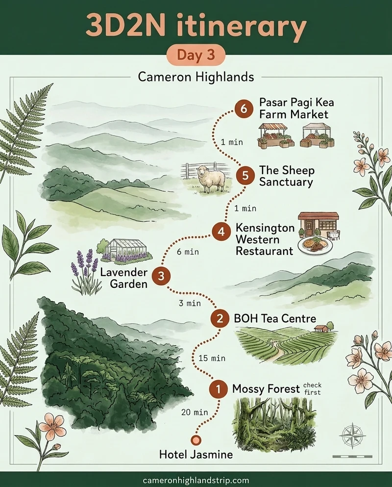 Illustrated poster: 3D2N itinerary, Day 3, Cameron Highlands. Start at Hotel Jasmine, 20 min to stop 1. 1. Mossy Forest (check first), then 15 min to stop 2. 2. BOH Tea Centre, then 3 min to stop 3. 3. Lavender Garden, then 6 min to stop 4. 4. Kensington Western Restaurant, then 1 min to stop 5. 5. The Sheep Sanctuary, then 1 min to stop 6. 6. Pasar Pagi Kea Farm Market. cameronhighlandstrip.com.