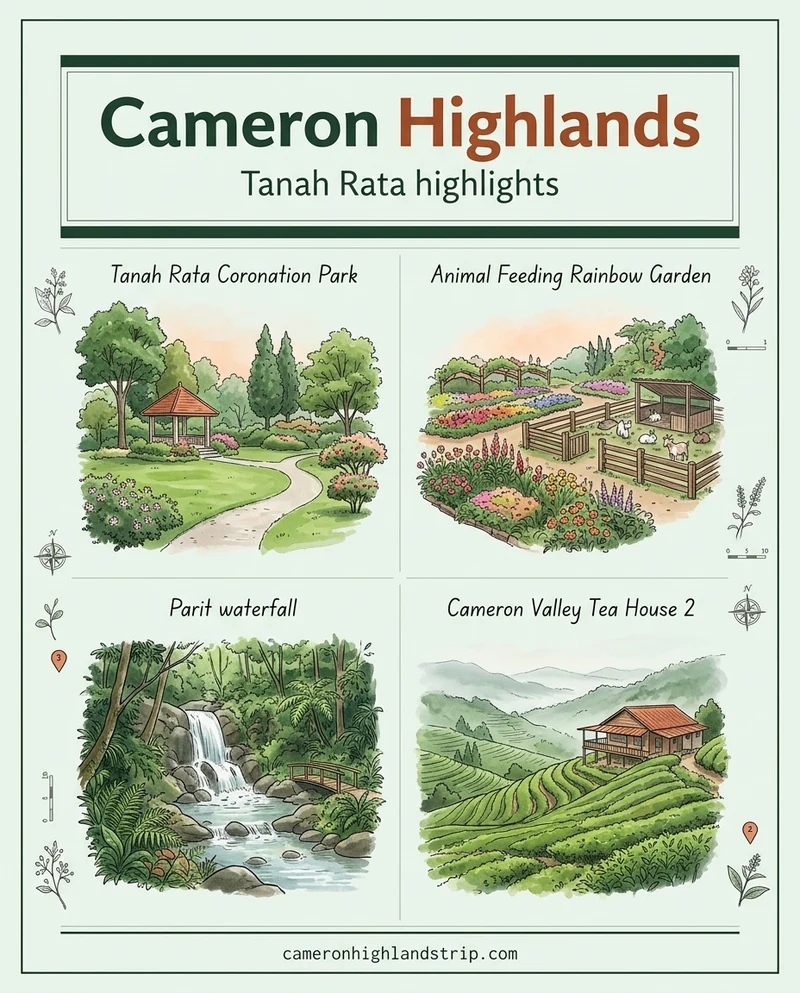 Illustrated poster: Cameron Highlands, Tanah Rata highlights. Tanah Rata Coronation Park, Animal Feeding Rainbow Garden, Parit waterfall, Cameron Valley Tea House 2. cameronhighlandstrip.com.