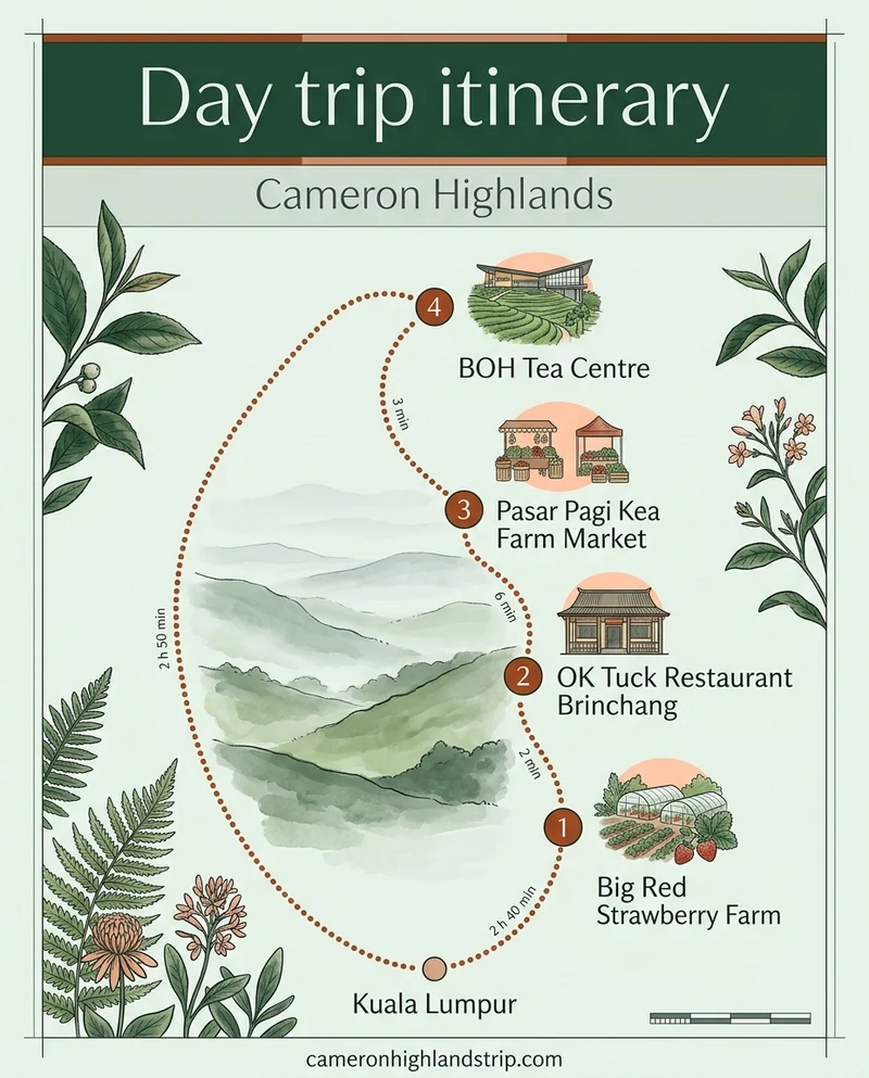 Illustrated poster: Day trip itinerary, Cameron Highlands. Start at Kuala Lumpur, 2 h 40 min to stop 1. 1. Big Red Strawberry Farm, then 2 min to stop 2. 2. OK Tuck Restaurant Brinchang, then 6 min to stop 3. 3. Pasar Pagi Kea Farm Market, then 3 min to stop 4. 4. BOH Tea Centre, then 2 h 50 min to Kuala Lumpur. End at Kuala Lumpur. cameronhighlandstrip.com.