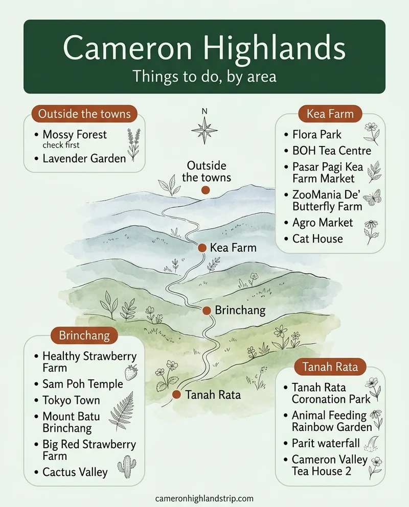 Illustrated poster: Cameron Highlands, Things to do, by area, from north to south. Outside the towns: Mossy Forest (check first), Lavender Garden. Kea Farm: Flora Park, BOH Tea Centre, Pasar Pagi Kea Farm Market, ZooMania De' Butterfly Farm, Agro Market, Cat House. Brinchang: Healthy Strawberry Farm, Sam Poh Temple, Tokyo Town, Mount Batu Brinchang, Big Red Strawberry Farm, Cactus Valley. Tanah Rata: Tanah Rata Coronation Park, Animal Feeding Rainbow Garden, Parit waterfall, Cameron Valley Tea House 2. cameronhighlandstrip.com.