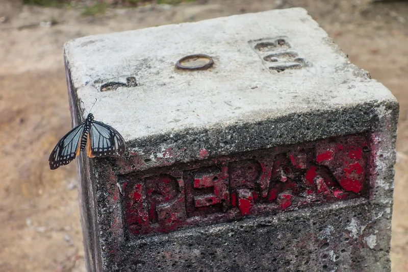 Concrete boundary marker stamped Perak, a butterfly resting on its edge